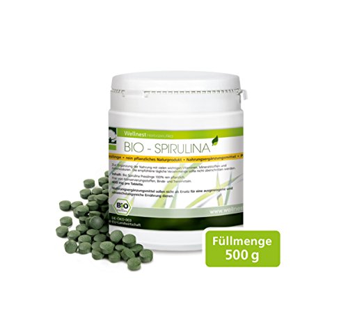 Wellnest Bio Spirulina 500 g (1250 Presslinge à 400 mg) - in Deutschland auf Reinheit geprüft -