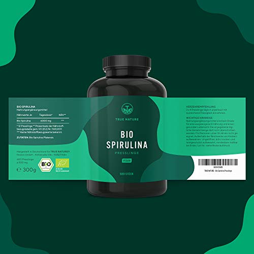 TRUE NATURE® Bio Spirulina Presslinge - 600 Tabletten je 500mg - 6.000mg Hochdosiert - 100% Reine Spirulina Algen aus kontrolliert biologischem Anbau - Vegan, Laborgeprüft, Hergestellt in Deutschland - 7