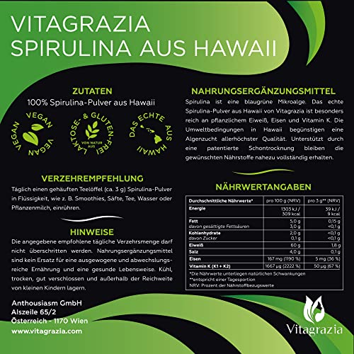 Vitagrazia® Spirulina Pulver - 450g Spirulina Algen aus Hawaii in Vorratspackung – Hawaiianisches Spirulina – 100% reines Spirulina Algen Pulver - veganes Pulver - 7